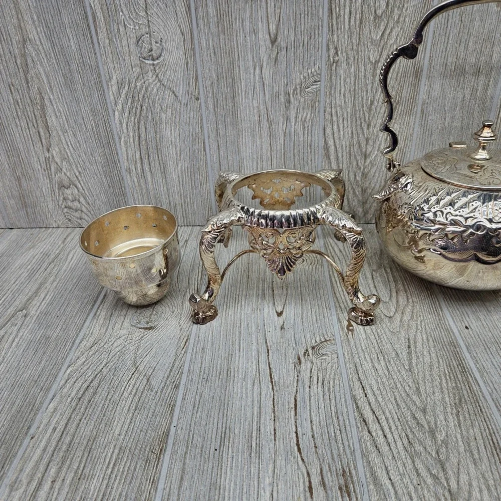 Vintage Silver Plated Ornate Repousse Teapot on Warming Stand Set